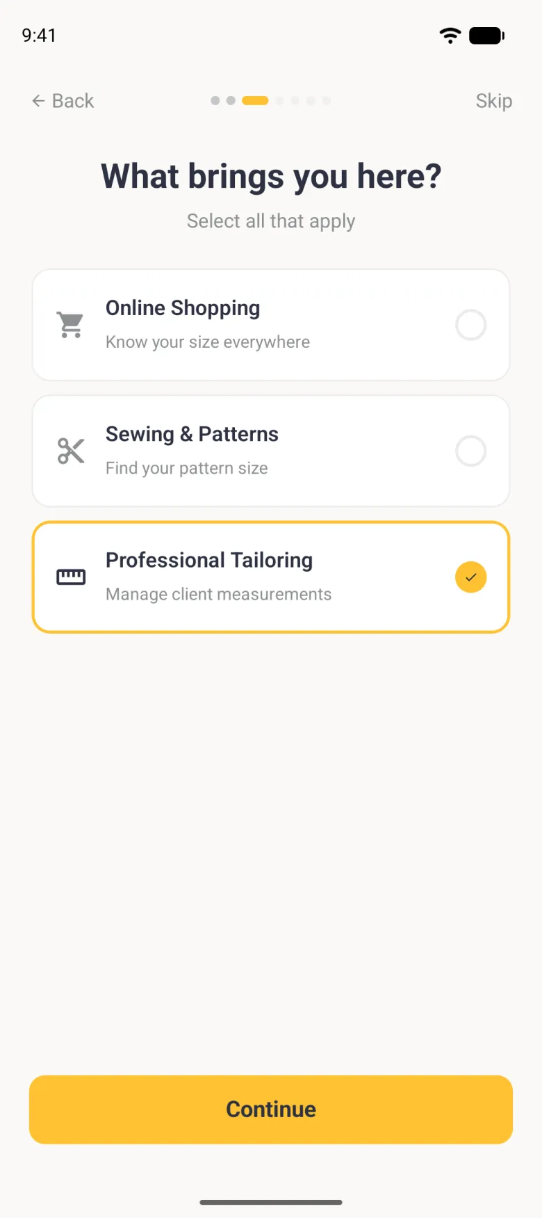 What brings you here? step under seven page dots, the third one active, with the line Select all that apply and three full-width rows for Online Shopping, Sewing and Patterns, and Professional Tailoring, the last outlined in gold with a gold tick, above a gold Continue button.
