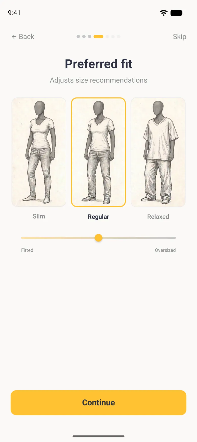Preferred fit step under seven page dots, the fourth one active, with the line Adjusts size recommendations, three pencil-sketched women labelled Slim, Regular and Relaxed, Regular outlined in gold and in bold, above a slider from Fitted to Oversized with its gold knob in the middle and a gold Continue button.