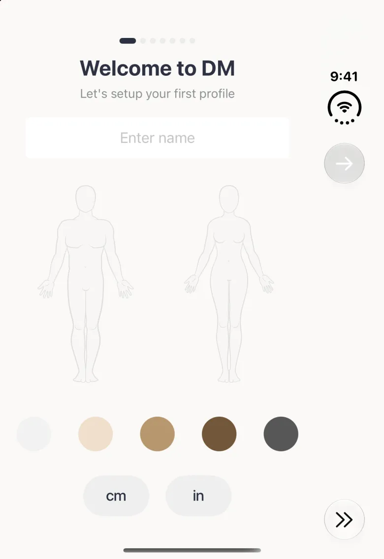 Welcome to DM screen on the closed Duo with seven page dots above the title, an empty Enter name field above a man and a woman body outline, five skin tone circles and cm and in buttons; a grey Continue arrow button sits at the top of the vertical bar strip on the right edge and a Skip button at its foot.