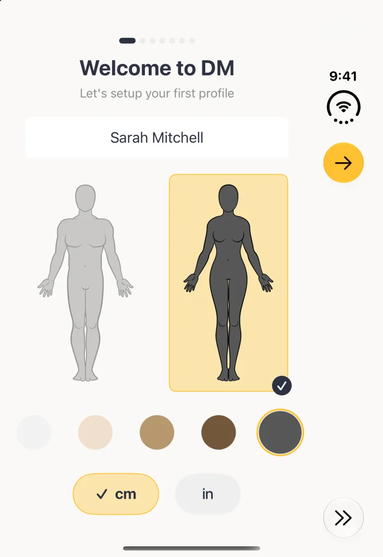 Welcome to DM screen on the closed Duo with the woman outline in the darkest (charcoal) skin tone highlighted in gold, the charcoal tone circle ringed in gold, cm ticked in a gold pill, and the Continue arrow button at the top of the vertical bar strip on the right now gold.