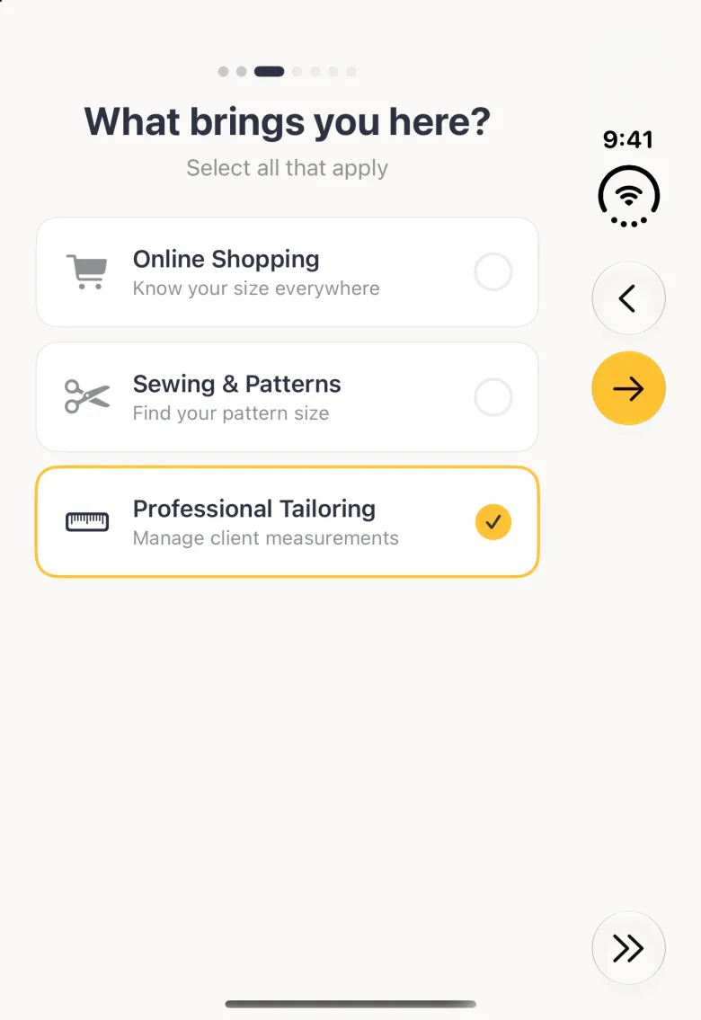 What brings you here? step on the closed Duo with three stacked rows, Online Shopping, Sewing & Patterns and Professional Tailoring, each with an icon and a circle on the right; Professional Tailoring is outlined in gold with a gold tick, and the vertical bar strip on the right holds Back and a gold Continue arrow near the top and Skip at its foot.