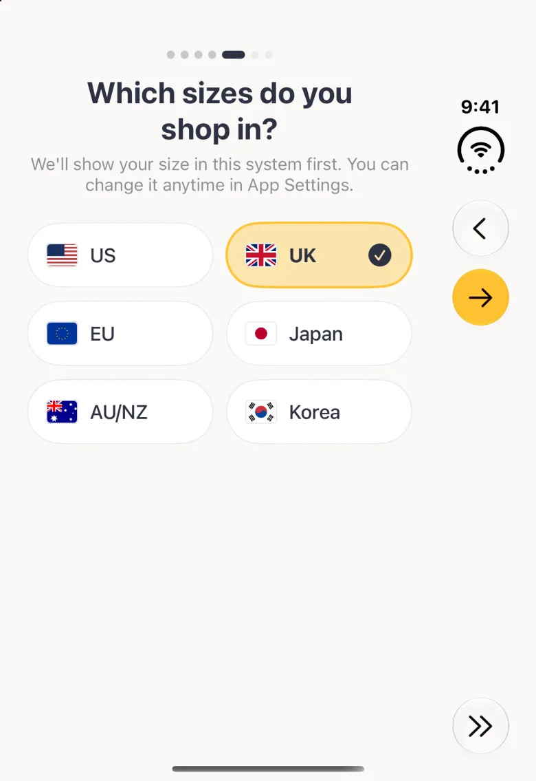 Which sizes do you shop in? step on the closed Duo with six region buttons in two columns, US, UK, EU, Japan, AU/NZ and Korea, each with its flag, and UK highlighted in gold with a navy tick; Back and a gold Continue arrow sit near the top of the vertical bar strip on the right edge and Skip at its foot.