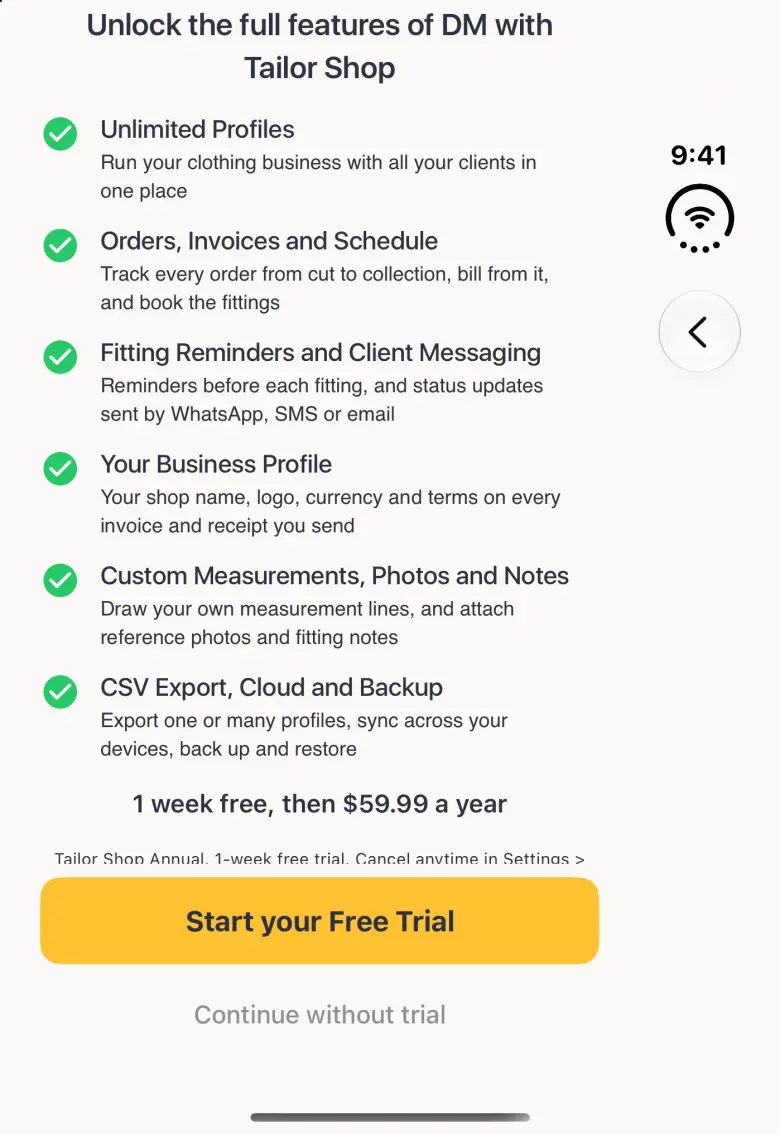 Tailor Shop upgrade screen on the closed Duo, scrolled so the whole list shows: Unlimited Profiles; Orders, Invoices and Schedule; Fitting Reminders and Client Messaging; Your Business Profile; Custom Measurements, Photos and Notes; and CSV Export, Cloud and Backup with green ticks, then a trial and price line from the App Store above a gold Start your Free Trial button and a Continue without trial link; a Back button sits alone near the top of the vertical bar strip on the right.