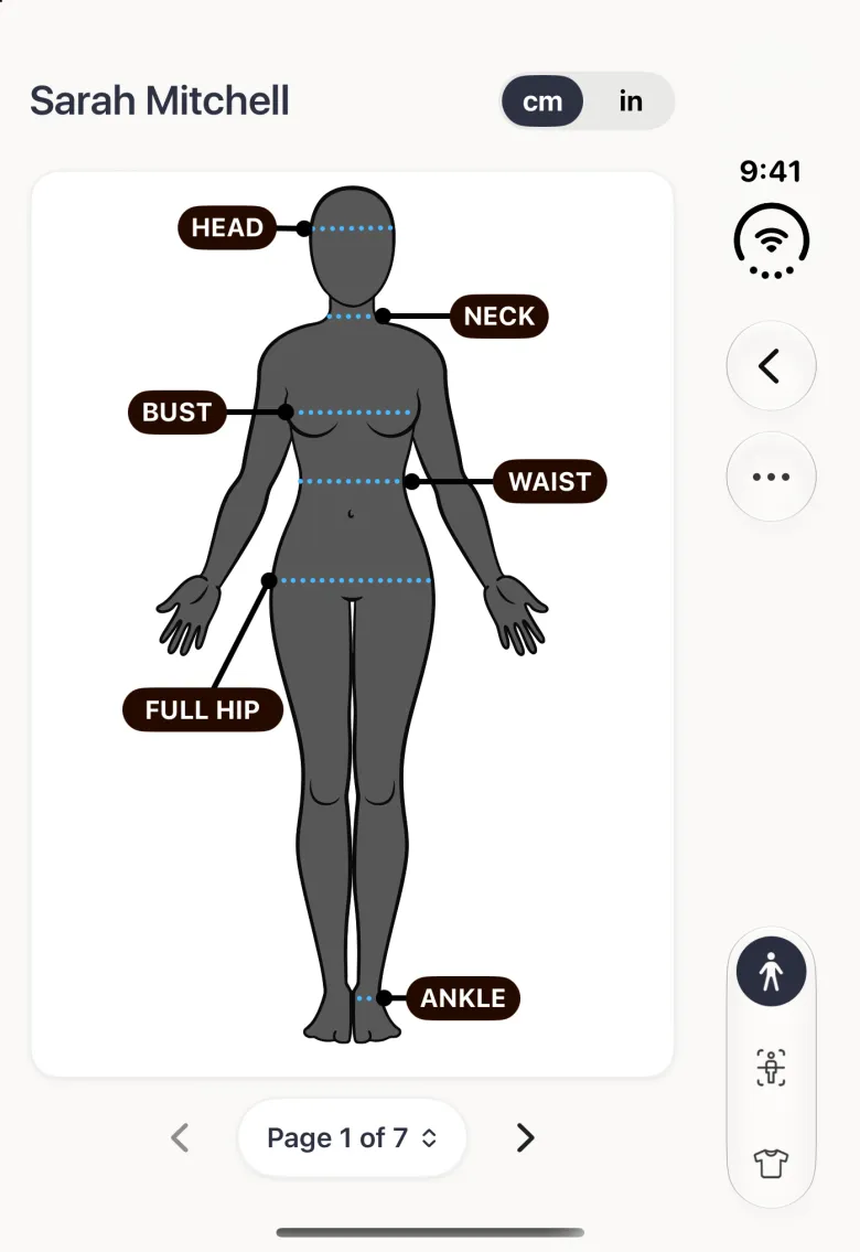 Profile screen on the closed Duo with the name Sarah Mitchell beside a cm and in switch at the top, a full body avatar in the charcoal tone labelled head, neck, bust, waist, full hip and ankle, and a Page 1 of 7 control with arrows below it; the vertical bar strip on the right edge holds a Back button and a round more button near the top and, at its foot, a capsule of three section buttons with the first, Measurements, a navy disc.