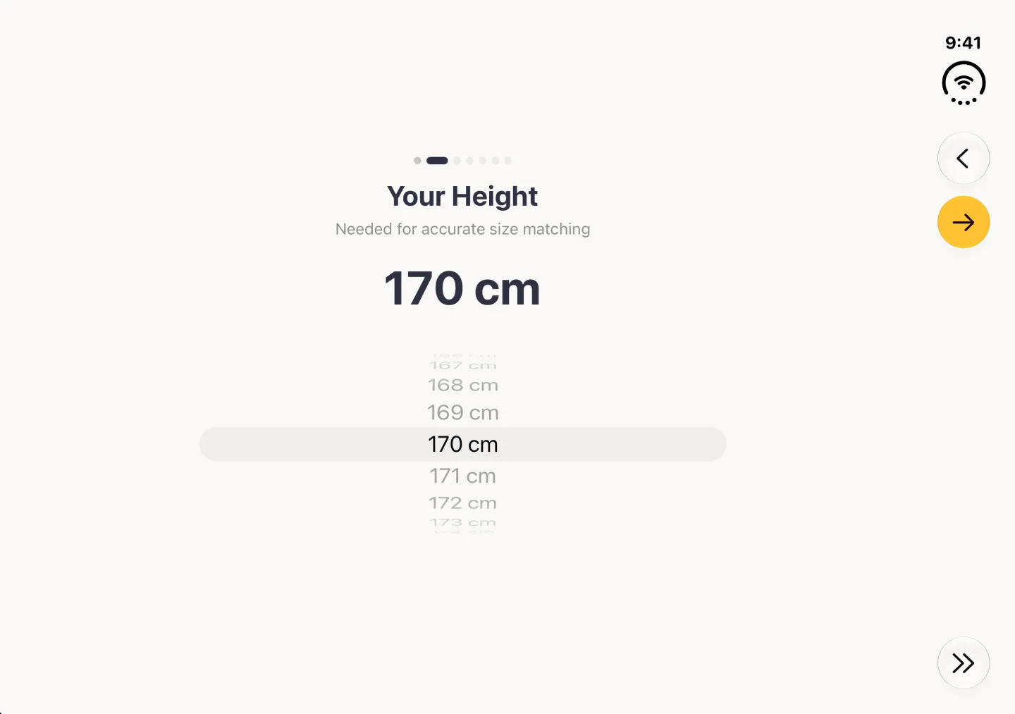 Your Height step in landscape with the second of seven dots filled, 170 cm in large type above a wide scrolling wheel of heights, and a Back button, a gold Continue arrow button and a Skip button stacked in the vertical bar strip on the right edge.