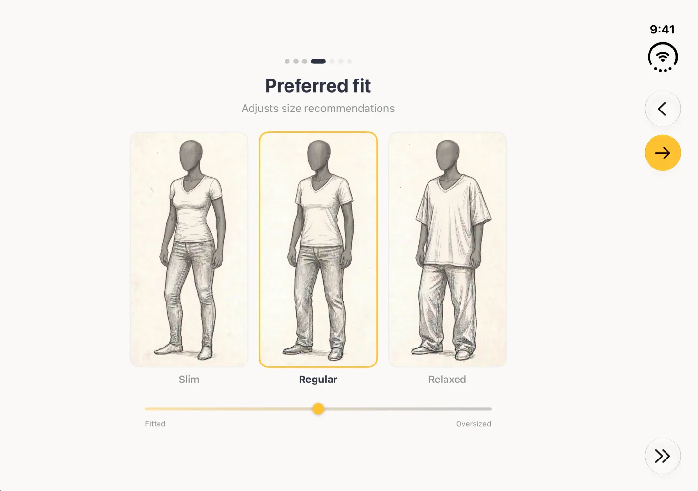 Preferred fit step in landscape showing three large sketched figures side by side labelled Slim, Regular and Relaxed above a slider running from Fitted to Oversized, with Regular outlined in gold and the slider's gold dot in the middle; Back, a gold Continue arrow and Skip sit in the vertical bar strip on the right.