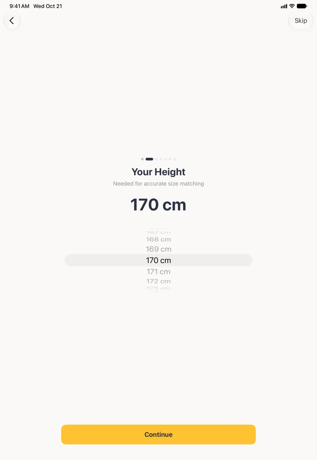 Your Height step in portrait with a Back button at the top left and Skip at the top right, the second of seven page dots filled, 170 cm in large type above a scrolling wheel of heights centred on the screen, and a wide gold Continue button at the foot.