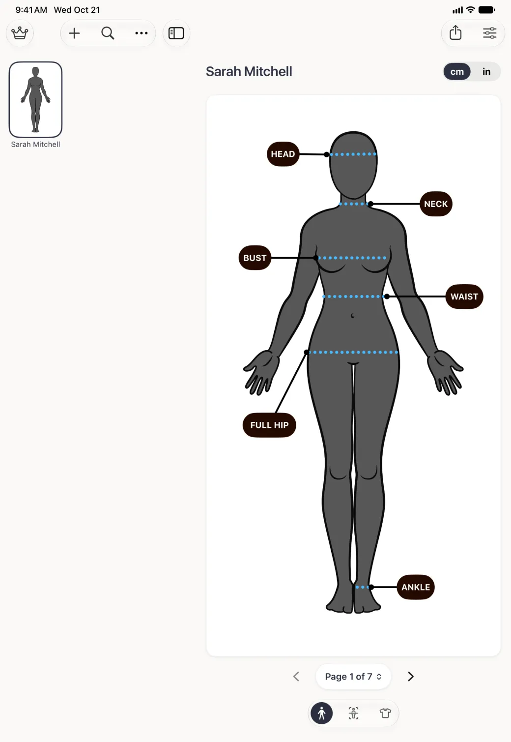 Split view in portrait: a narrow profile list on the left holding a single Sarah Mitchell card outlined in navy, under a crown button, a capsule with plus, search and more (three dots) buttons, and a sidebar button; on the right her profile with the name Sarah Mitchell and a cm and in switch with cm selected, a large charcoal avatar labelled head, neck, bust, waist, full hip and ankle, a Page 1 of 7 control with arrows, and a capsule of three section buttons at the bottom, the first a navy disc; share and options buttons sit at the top right.
