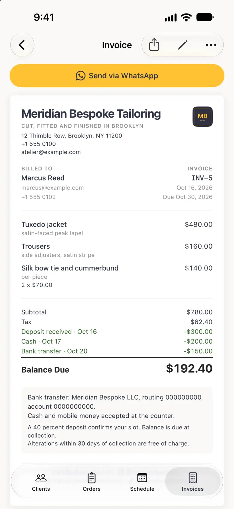 An invoice with its line items and payments.