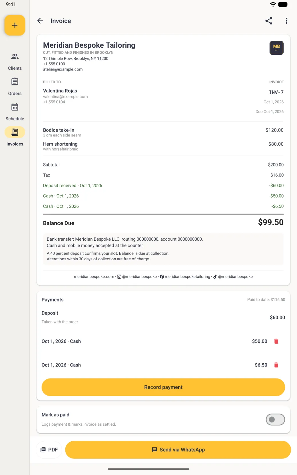 Invoice INV-7 in portrait showing the 60 dollar deposit and cash payments of 50 dollars and 6 dollars 50 deducted in green in the totals block, a balance due of 99 dollars 50, the payment details panel and the website and social footer, and the Payments card headed Paid to date 116 dollars 50 listing the deposit and both cash rows, each with a red delete icon, above a gold Record payment button and the Mark as paid card.