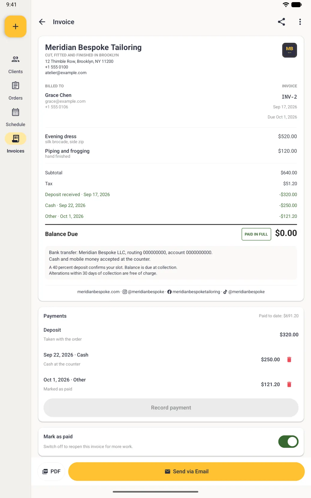 Invoice INV-2 for Grace Chen with a new green row, Other with today's date, minus 121 dollars 20, under the deposit and cash payment, a balance due of 0 dollars beside a green-outlined PAID IN FULL stamp, the payment details panel and the website and social footer, a third payment row Marked as paid in the Payments card with Paid to date 691 dollars 20 above a greyed Record payment button, and the Mark as paid switch on in green with the sub-label Switch off to reopen this invoice for more work.