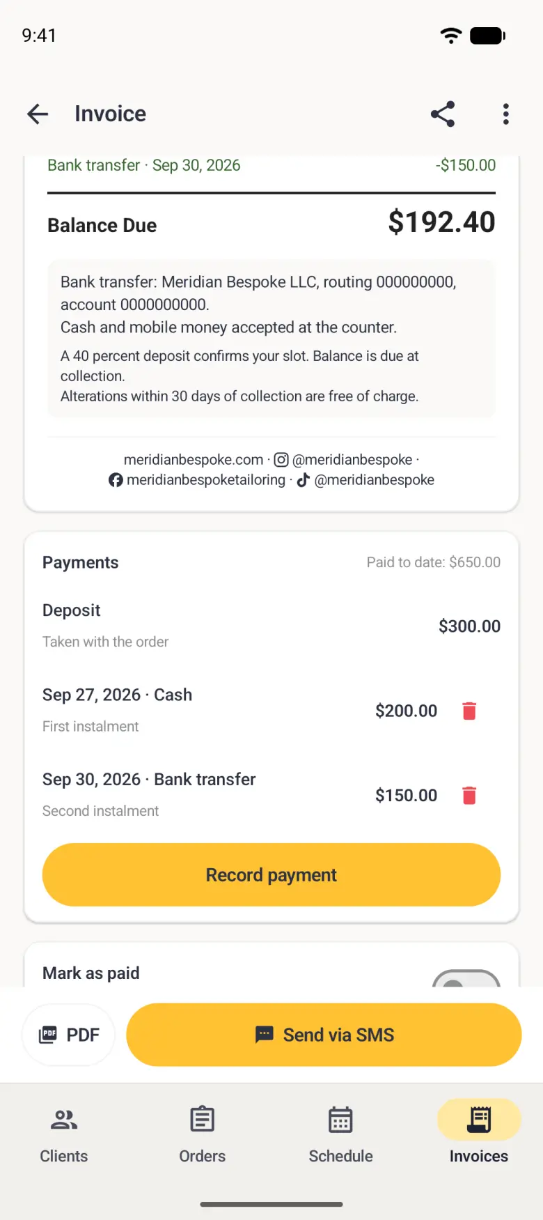 Lower half of invoice INV-5 with the last bank transfer payment row at the top, a balance due of 192 dollars 40, a pale plate with the bank transfer details, cash and mobile money note and the shop terms, then a hairline and a centred two-line footer reading meridianbespoke.com, @meridianbespoke with the Instagram logo, meridianbespoketailoring with the Facebook logo and @meridianbespoke with the TikTok logo, above the Payments card listing the deposit and two instalments and a gold Record payment button.