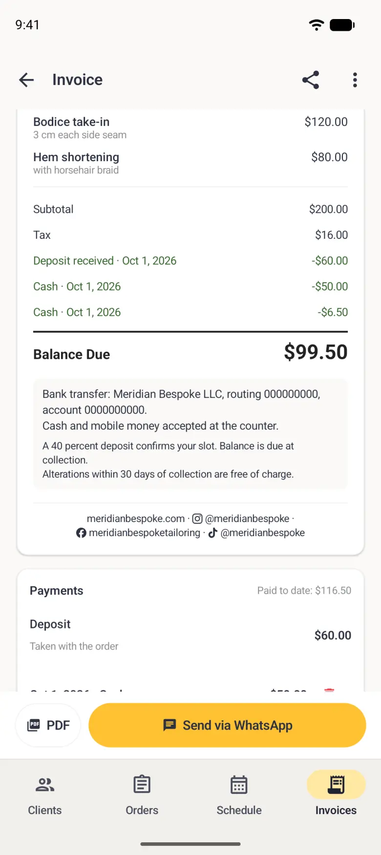 Invoice INV-7 showing Bodice take-in at 120 dollars and Hem shortening at 80 dollars, a subtotal of 200 dollars, 16 dollars of tax, the 60 dollar deposit and cash payments of 50 dollars and 6 dollars 50 deducted in green, a balance due of 99 dollars 50, the bank transfer and terms plate, the website and social handles footer, and the top of the Payments card with Paid to date 116 dollars 50.