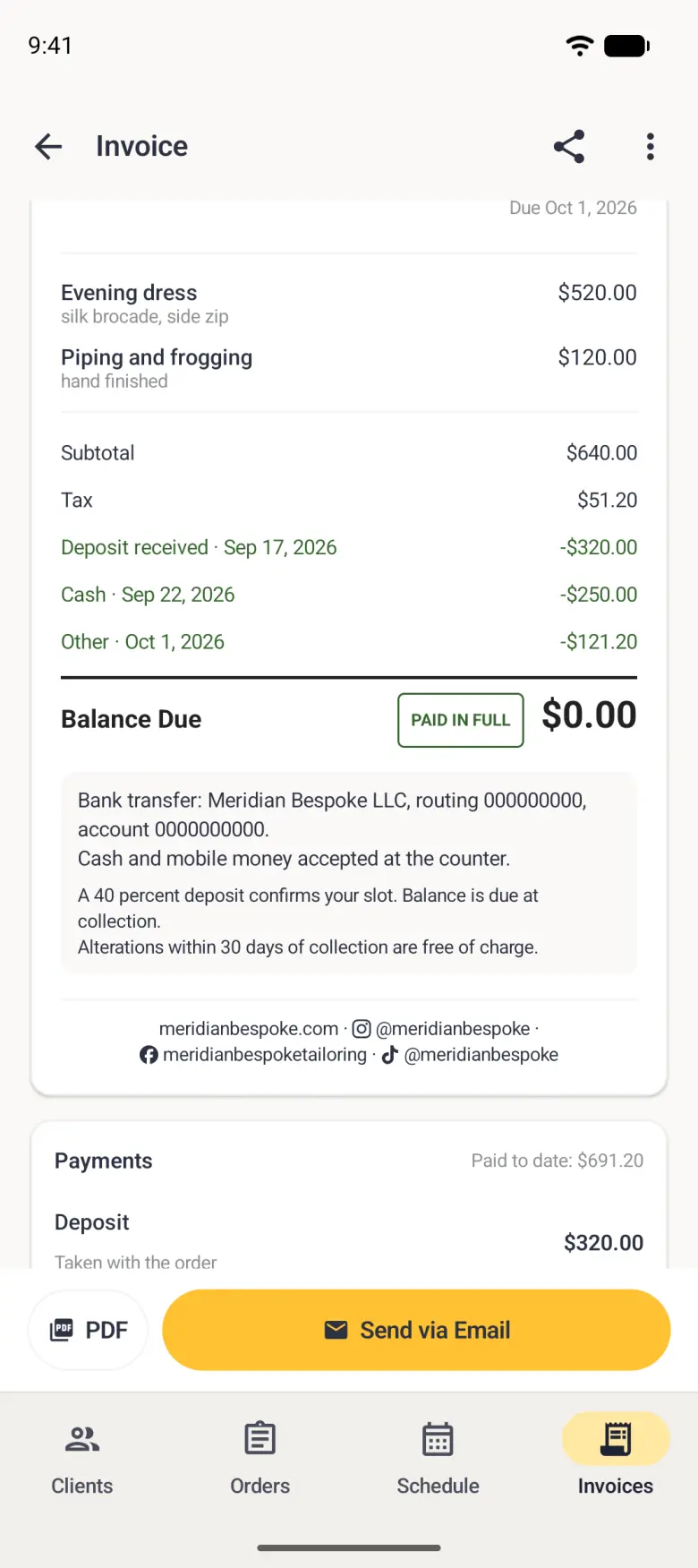 Invoice INV-2 for Grace Chen showing Evening dress at 520 dollars and Piping and frogging at 120 dollars, a subtotal of 640 dollars, 51 dollars 20 of tax, the 320 dollar deposit, a 250 dollar cash payment and a new Other payment of 121 dollars 20 deducted in green, a balance due of 0 dollars beside a green-outlined PAID IN FULL stamp, the bank transfer and terms plate, the website and social handles footer, and the top of the Payments card with Paid to date 691 dollars 20.