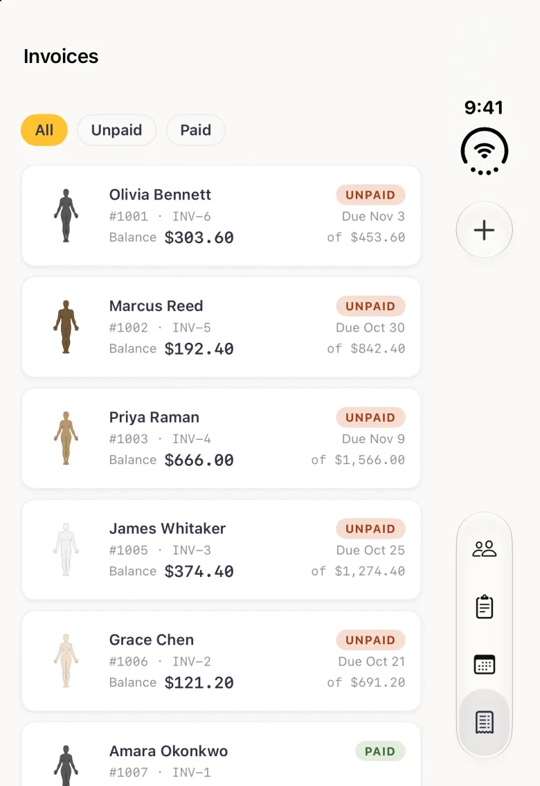 Invoices screen on the closed iPhone Duo with the title Invoices, a round plus button in the vertical bar strip on the right edge and the four tab buttons lower down the strip (Invoices selected), and All, Unpaid and Paid filter chips with All selected in gold. Invoice cards follow for Olivia Bennett, Marcus Reed, Priya Raman, James Whitaker and Grace Chen, each with the client's figure, the order and invoice numbers, the balance and an orange Unpaid badge with a due date, and the last card, Amara Okonkwo with a green Paid badge, is cut at the bottom edge.