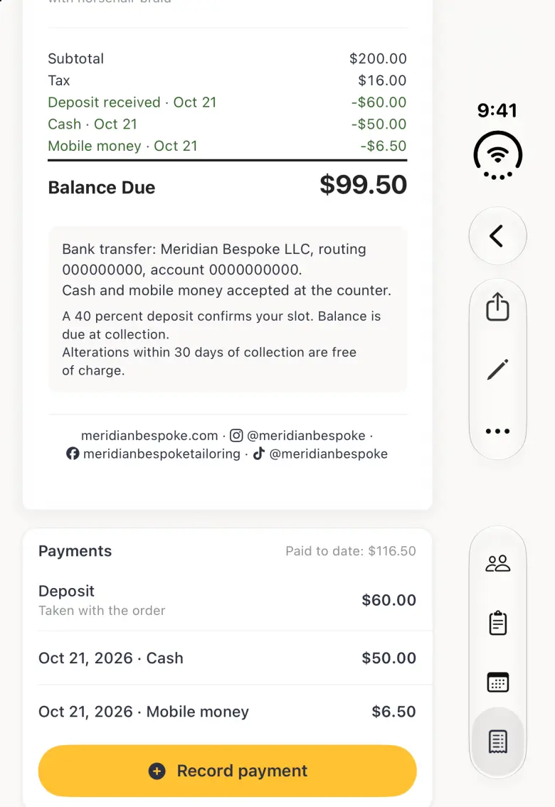 Invoice INV-7 on the closed iPhone Duo scrolled to its totals, with Back and the Share, Edit and More capsule in the vertical bar strip on the right edge: subtotal $200.00, tax $16.00 and three green deductions, the $60.00 deposit, a $50.00 cash payment and a $6.50 mobile money payment, leaving a Balance Due of $99.50. Below the payment details and footer the Payments card reads Paid to date: $116.50 and lists the deposit, the Oct 21, 2026 cash payment of $50.00 and the Oct 21, 2026 mobile money payment of $6.50 above the gold Record payment button at the bottom edge.