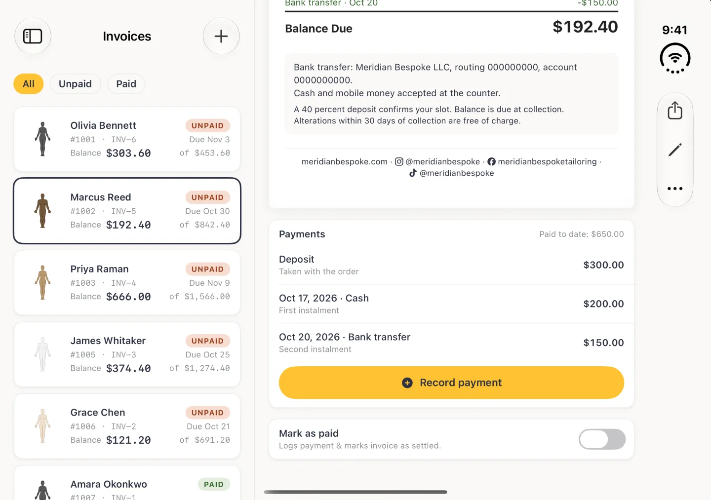 The lower part of invoice INV-5 in the pane on the right in landscape, beside the Invoices column with Marcus Reed's card outlined: the Balance Due of $192.40, a pale plate with the bank transfer details and payment terms, then a centred footer reading meridianbespoke.com, @meridianbespoke with the Instagram logo, meridianbespoketailoring with the Facebook logo and @meridianbespoke with the TikTok logo. Below the document sit the Payments card, paid to date $650.00, with the $300.00 deposit, a $200.00 cash first instalment and a $150.00 bank transfer second instalment above a gold Record payment button, and the Mark as paid card with its switch off; Share, Edit and More stay in the vertical bar strip on the right edge.
