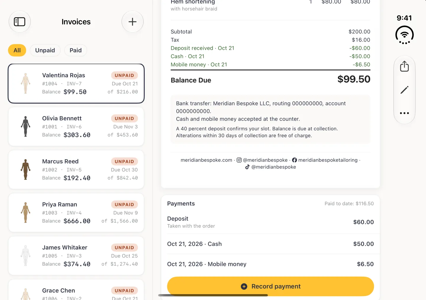 Invoice INV-7 in the pane beside the Invoices column in landscape, scrolled to its totals: subtotal $200.00, tax $16.00 and three green deductions, the $60.00 deposit, a $50.00 cash payment and a $6.50 mobile money payment, leaving a Balance Due of $99.50. Below the payment details and footer the Payments card reads Paid to date: $116.50 and lists the deposit, the Oct 21, 2026 cash payment of $50.00 and the Oct 21, 2026 mobile money payment of $6.50 above the gold Record payment button; Valentina Rojas's card in the list reads Balance $99.50.
