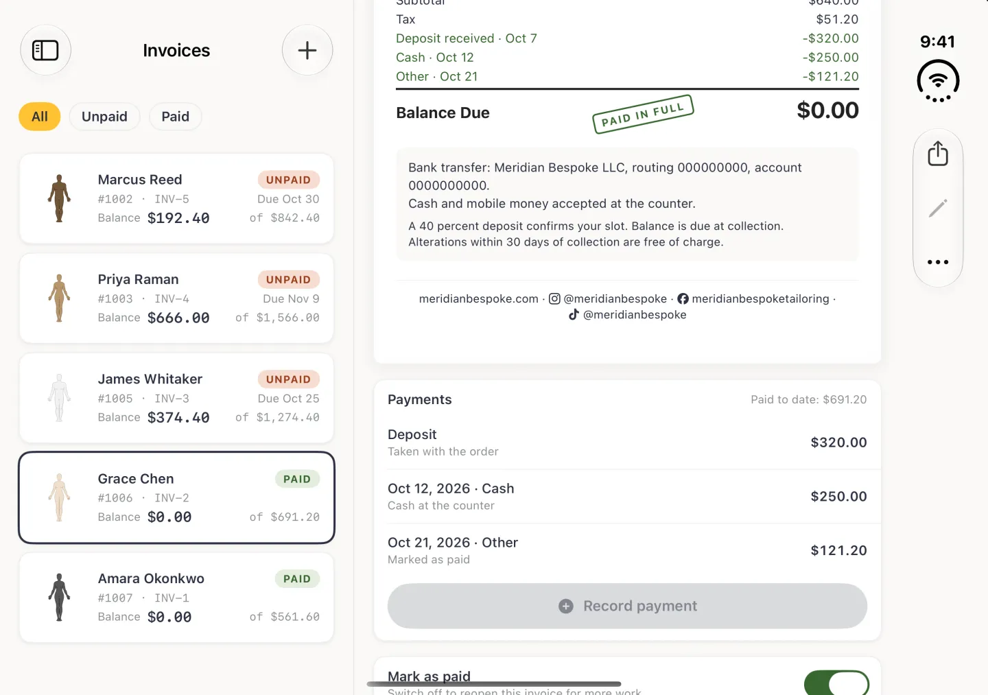Invoice INV-2 in the pane beside the Invoices column in landscape, scrolled to its totals, with Share, a greyed-out Edit pencil and More in the vertical bar strip on the right edge: a $320.00 deposit, a $250.00 cash payment and a $121.20 Other payment dated Oct 21 deducted in green, and a Balance Due of $0.00 with a green PAID IN FULL stamp. Below the footer the Payments card reads Paid to date: $691.20 with a new Oct 21, 2026 Other row of $121.20 labelled Marked as paid above a greyed out Record payment button, and the Mark as paid switch is on at the bottom edge; Grace Chen's card in the list now reads Paid, Balance $0.00.