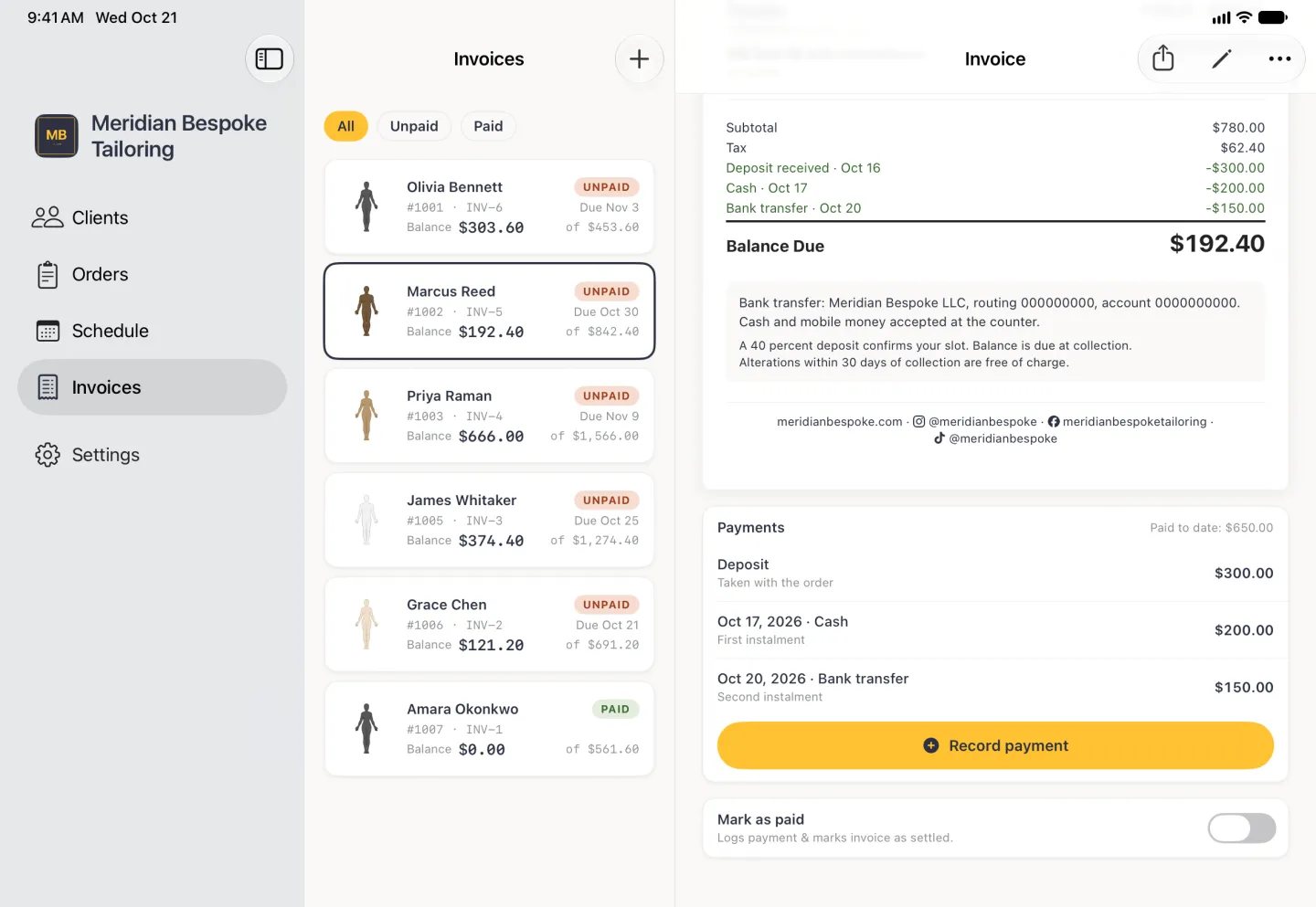 The lower part of invoice INV-5 in the pane on the right, beside the Invoices list with Marcus Reed's card outlined: the totals from Subtotal $780.00 down to a Balance Due of $192.40, the bank transfer details and terms on a pale panel, a centred footer reading meridianbespoke.com, the Instagram logo with @meridianbespoke, the Facebook logo with meridianbespoketailoring and the TikTok logo with @meridianbespoke, then the whole Payments card, paid to date $650.00, with the $300.00 deposit, a $200.00 cash first instalment and a $150.00 bank transfer second instalment above a gold Record payment button, and the Mark as paid row with its switch off.