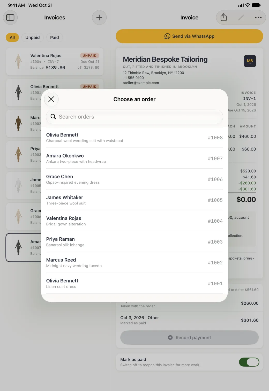 Choose an order card centred over the dimmed Invoices list and invoice, with a close button marked with a cross at the top left, the title Choose an order, a Search orders field and eight orders listed newest first: Olivia Bennett's Charcoal wool wedding suit with waistcoat #1008, Amara Okonkwo #1007, Grace Chen #1006, James Whitaker #1005, Valentina Rojas #1004, Priya Raman #1003, Marcus Reed #1002 and Olivia Bennett's Linen coat dress #1001, each with the garment under the name and the order number on the right.