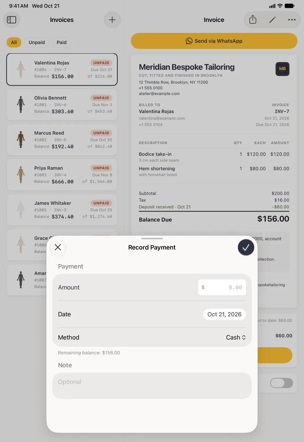 Record Payment sheet rising over the dimmed Invoices list and INV-7, with a round close button marked with a cross at the top left and a navy round confirm button with a check mark at the top right. The Payment card holds an empty Amount field with a dollar sign and 0.00, the date Oct 21, 2026 and the method Cash, with Remaining balance: $156.00 underneath, then an empty optional Note field.