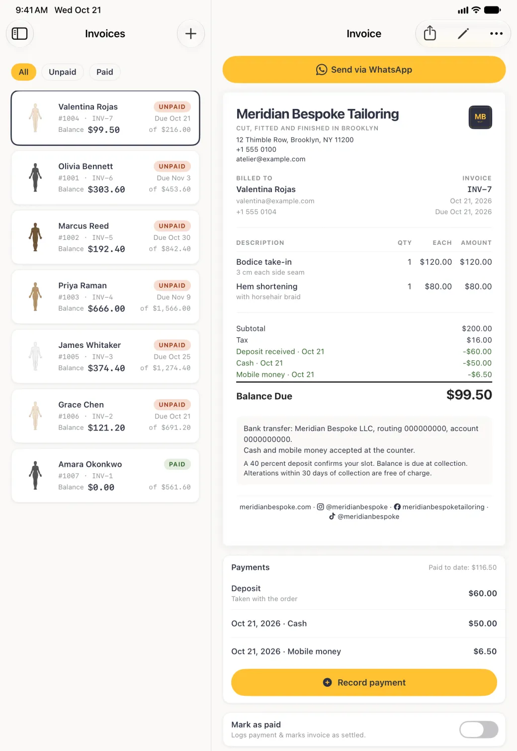 The whole of invoice INV-7 in the pane beside the Invoices list, with her card reading a balance of $99.50: subtotal $200.00, tax $16.00 and three green deductions, the $60.00 deposit, a $50.00 cash payment and a $6.50 mobile money payment, leaving a Balance Due of $99.50. Below the payment details and footer the Payments card reads Paid to date: $116.50 and lists the deposit, the Oct 21, 2026 cash payment of $50.00 and the Oct 21, 2026 mobile money payment of $6.50 above the gold Record payment button, followed by the Mark as paid row.
