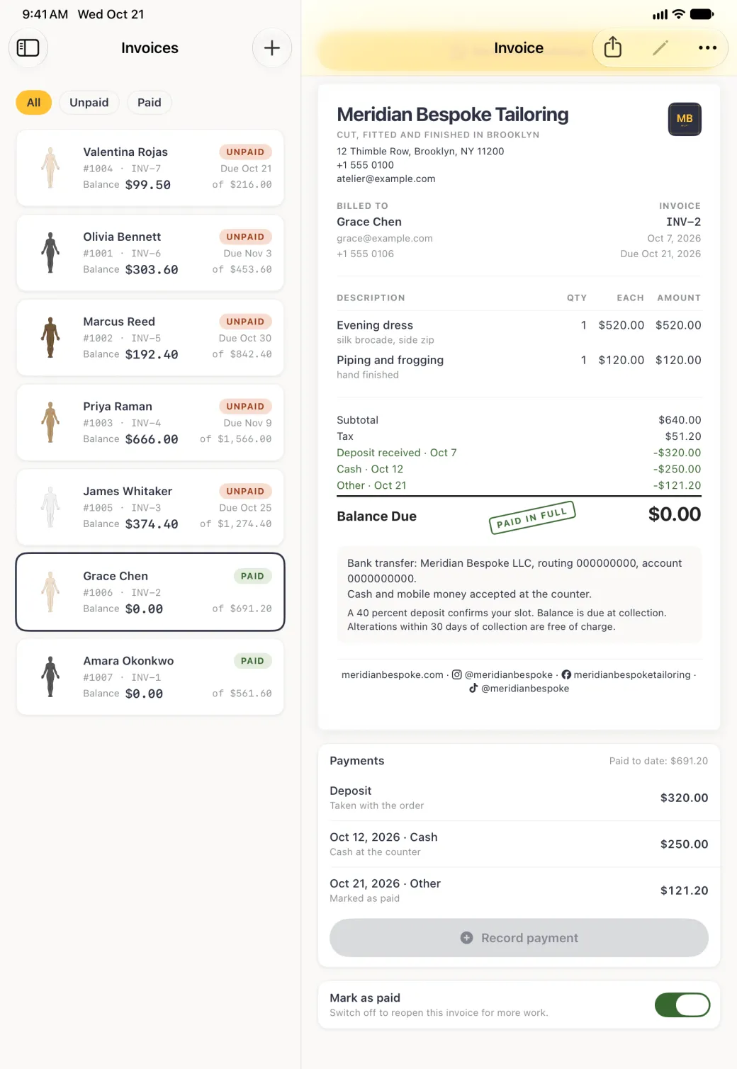 Invoice INV-2 in the pane beside the Invoices list, where Grace Chen's card now carries a green Paid badge and a balance of $0.00, scrolled to its end under a top bar with the title Invoice, Share, a greyed-out Edit pencil and More: a $320.00 deposit, a $250.00 cash payment and a $121.20 Other payment dated Oct 21 deducted in green, and a Balance Due of $0.00 with a green PAID IN FULL stamp. Below the footer the Payments card reads Paid to date: $691.20 with a new Oct 21, 2026 Other row of $121.20 labelled Marked as paid above a greyed-out Record payment button, and the Mark as paid switch is on with the note Switch off to reopen this invoice for more work.
