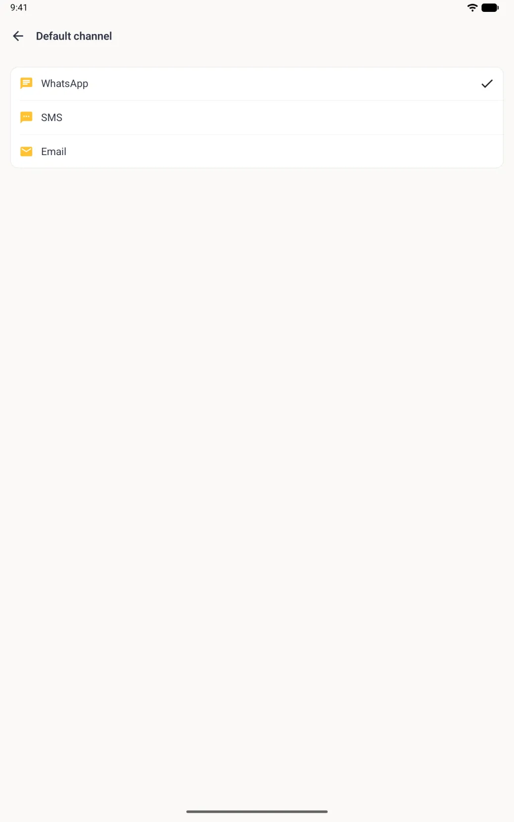 Default channel on a tablet in portrait, full screen with a back arrow, listing WhatsApp, SMS and Email in one card, each with a gold icon, and a navy tick beside WhatsApp.