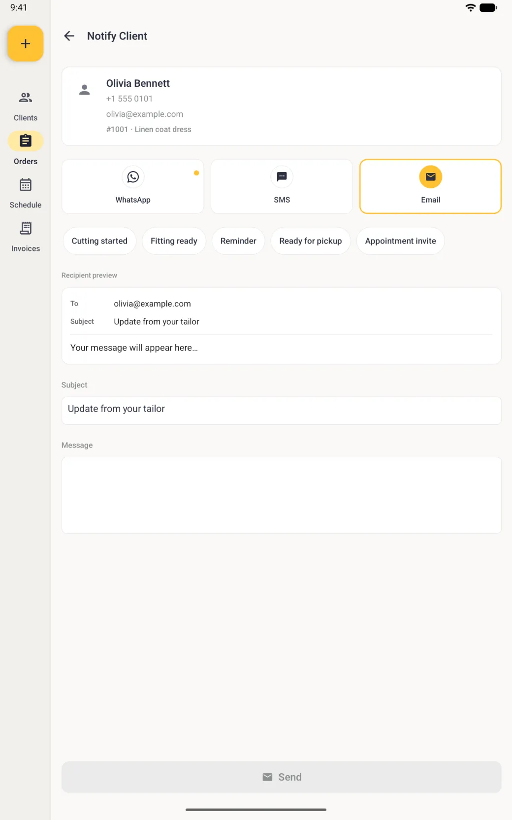 Notify Client on a tablet in portrait for Olivia Bennett, with the Email tile outlined in gold, all five template chips on one row with none selected, and a white preview card addressed to the client with the Subject Update from your tailor above the line Your message will appear here, then a separate Subject field reading Update from your tailor, an empty Message box and a greyed Send button.