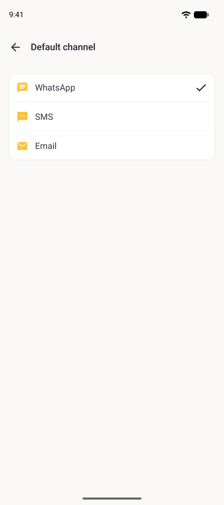 Default channel screen listing WhatsApp, SMS and Email in one card, each with a gold icon, and a navy tick beside WhatsApp.