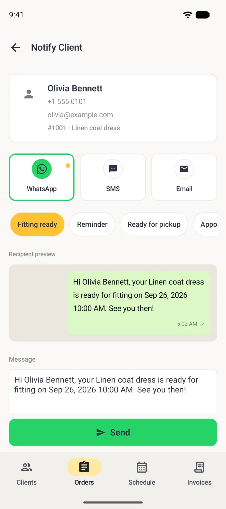 Recipient preview panel with a beige background showing the message inside a pale green chat bubble on the right, with a time stamp and a single green tick, in the style of WhatsApp.