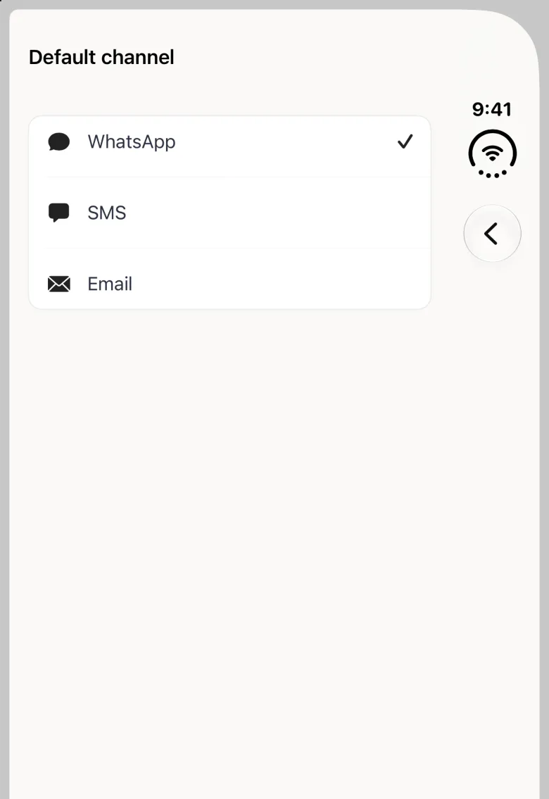 Default channel page on the closed iPhone Duo with a back button in the vertical bar strip on the right edge, listing WhatsApp, SMS and Email in one card, each with a small dark icon, and a tick beside WhatsApp.