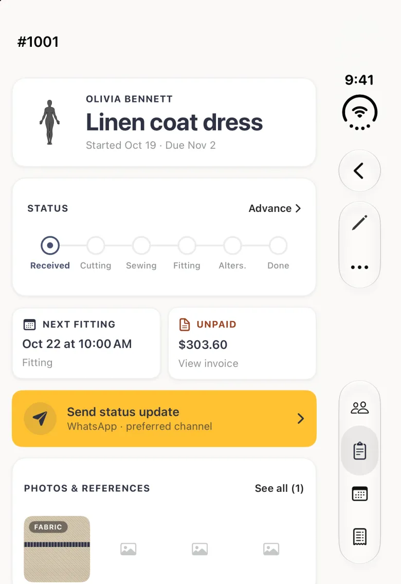 Order page for order 1001 on the closed iPhone Duo with a wide gold bar reading Send status update, and underneath it WhatsApp · preferred channel, below the Next Fitting card reading Oct 22 at 10:00 AM and the Unpaid card; the back, pencil and three-dot buttons sit in the vertical bar strip on the right edge.