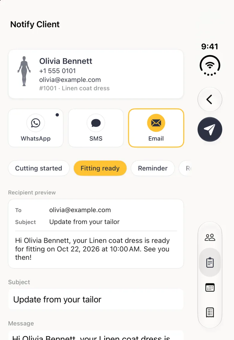Notify Client page on the closed iPhone Duo with Email selected in the channel row and outlined in gold, the Fitting ready chip highlighted, a preview card addressed to her email address with the Subject Update from your tailor and the message underneath, and separate Subject and Message boxes below. A back button and a round paper-plane button sit in the vertical bar strip on the right edge.