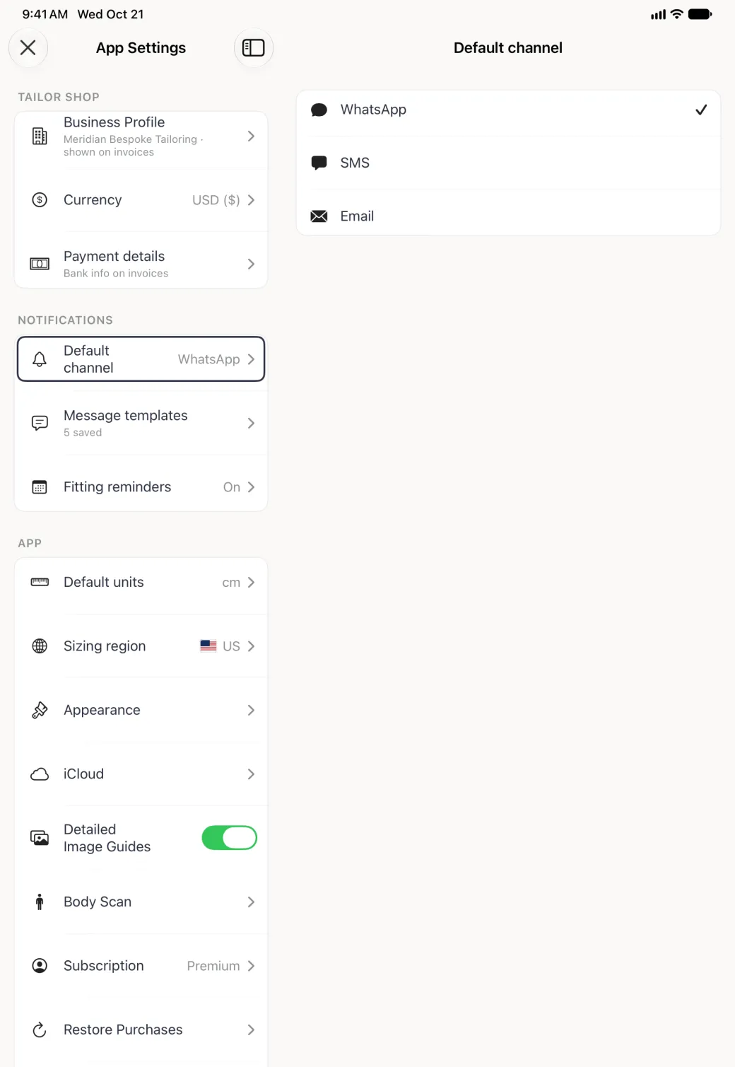 App Settings filling the screen as a split view: the settings list on the left with Default channel, WhatsApp, outlined under NOTIFICATIONS, and on the right the Default channel page listing WhatsApp, SMS and Email in one card, each with a small dark icon, and a tick beside WhatsApp.