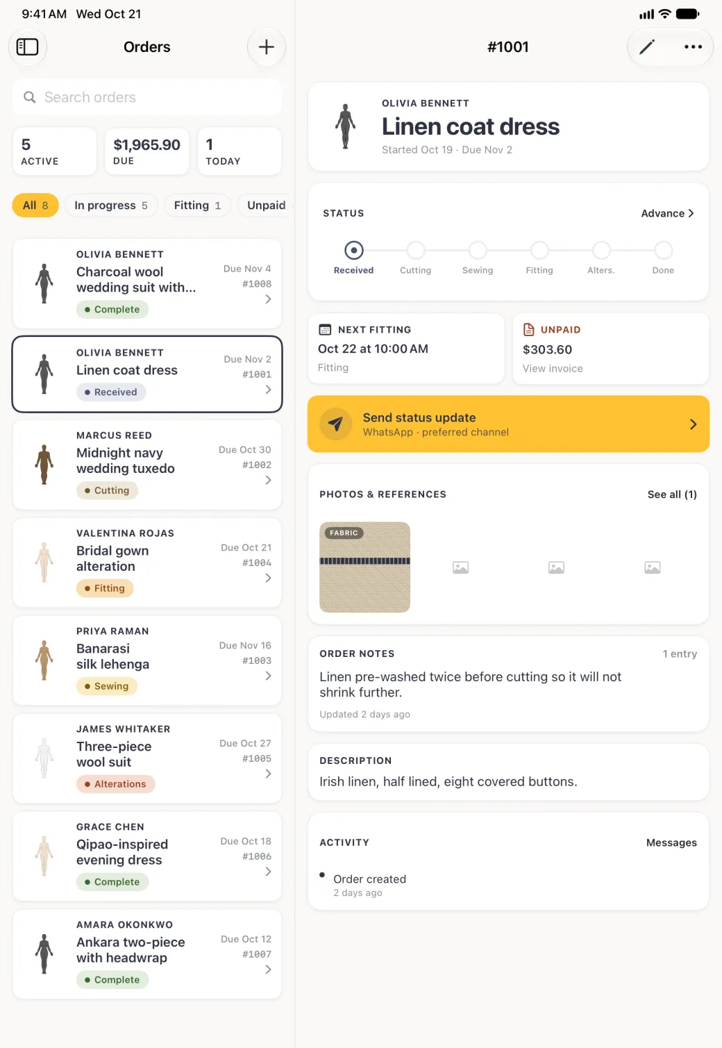 Order page for order 1001 in the pane beside the Orders list, with a wide gold bar reading Send status update and, underneath it, WhatsApp · preferred channel, below the Next Fitting card reading Oct 22 at 10:00 AM and the Unpaid card showing $303.60.