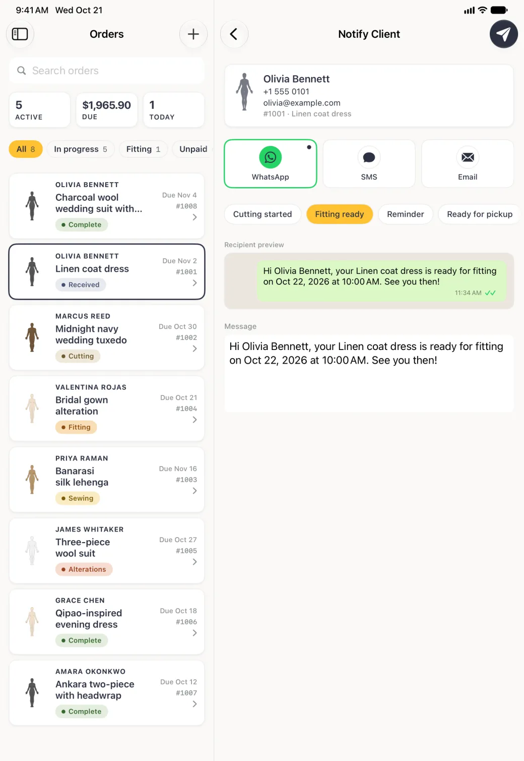 Notify Client page in the pane beside the Orders list, with WhatsApp selected and outlined in green and marked as her preferred channel, a row of template chips reading Cutting started, Fitting ready selected in gold, Reminder and Ready for pickup, cut off at the right edge, a WhatsApp-style recipient preview with the message in a pale green chat bubble with two green ticks on a beige panel, and a Message box reading Hi Olivia Bennett, your Linen coat dress is ready for fitting on Oct 22, 2026 at 10:00 AM. See you then.
