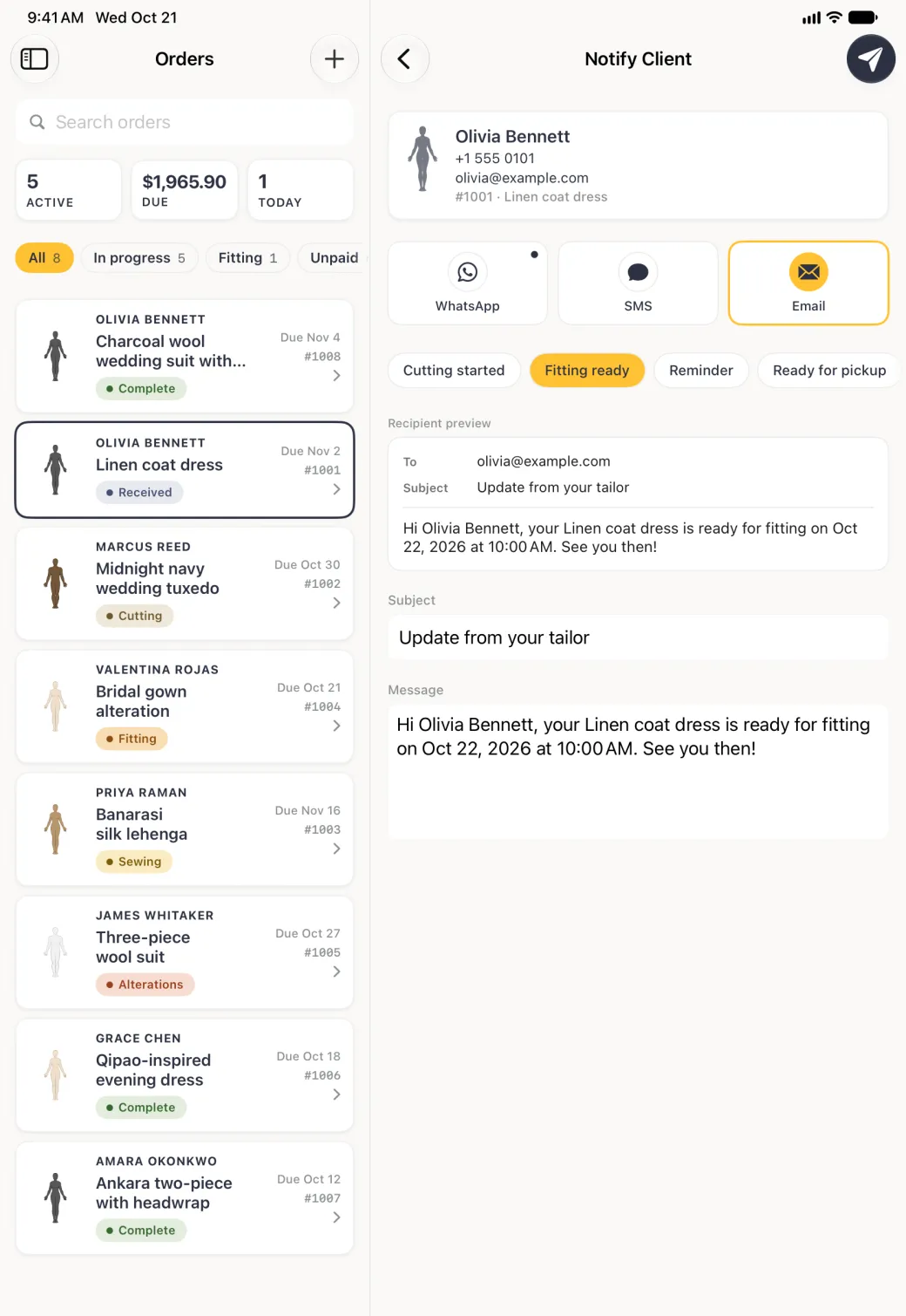 Notify Client page in the pane beside the Orders list, with Email selected in the channel row and outlined in gold, the Fitting ready chip highlighted, a preview card addressed to her email address with the Subject Update from your tailor and the message Hi Olivia Bennett, your Linen coat dress is ready for fitting on Oct 22, 2026 at 10:00 AM. See you then., and separate Subject and Message boxes below. A round paper-plane button sits at the top right.