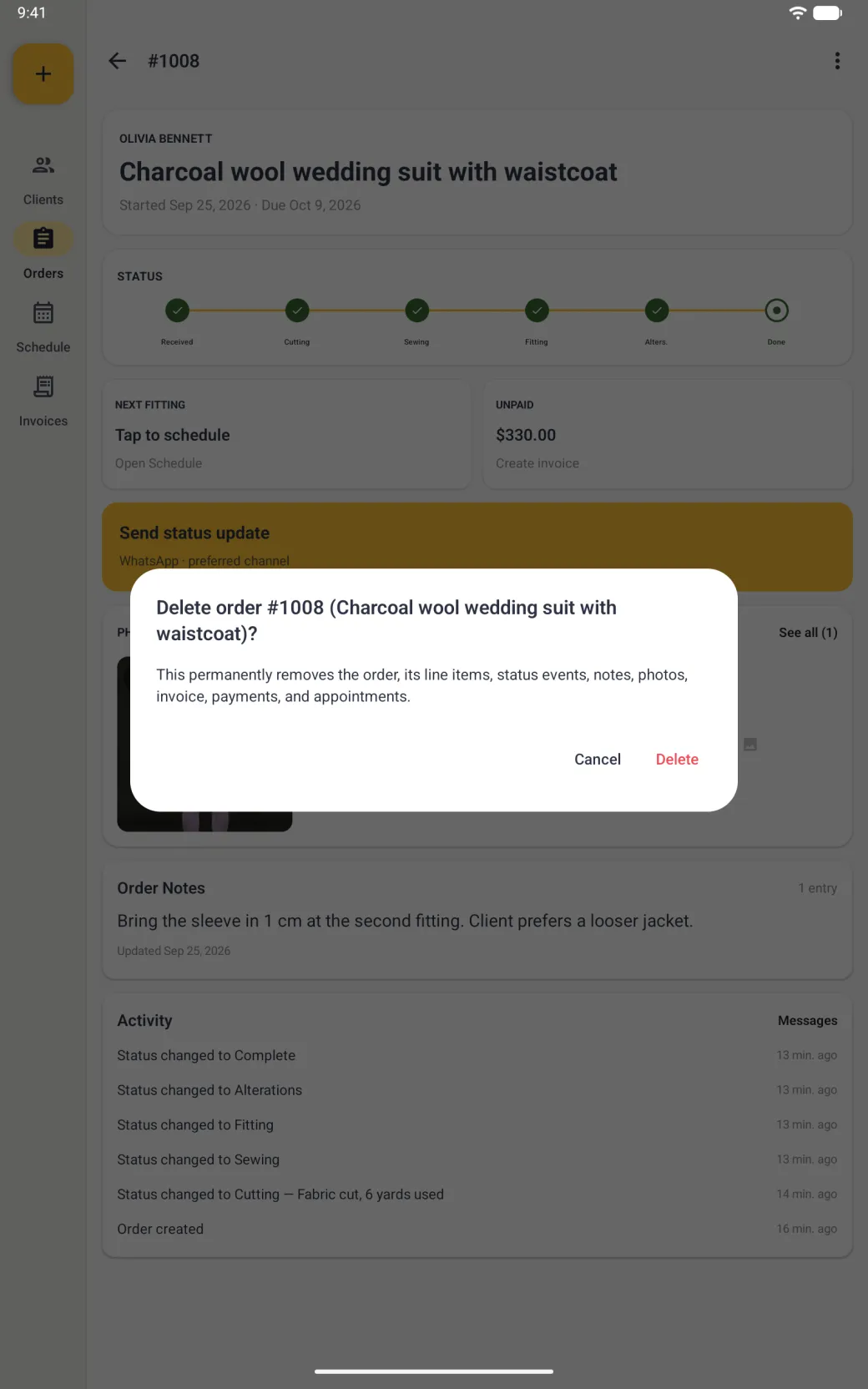 Dialog over the dimmed order detail titled Delete order #1008 (Charcoal wool wedding suit with waistcoat)?, explaining that this permanently removes the order, its line items, status events, notes, photos, invoice, payments and appointments, with Cancel and a red Delete.