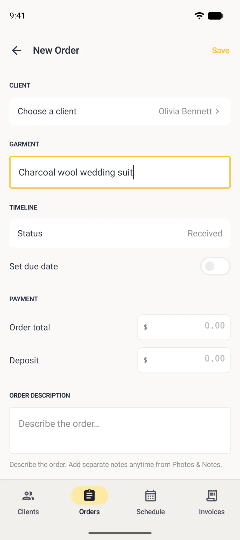 New Order screen with Choose a client reading Olivia Bennett, the garment field reading Charcoal wool wedding suit in a gold outline, and Save at the top right now gold, above the Timeline, Payment and Order Description sections.