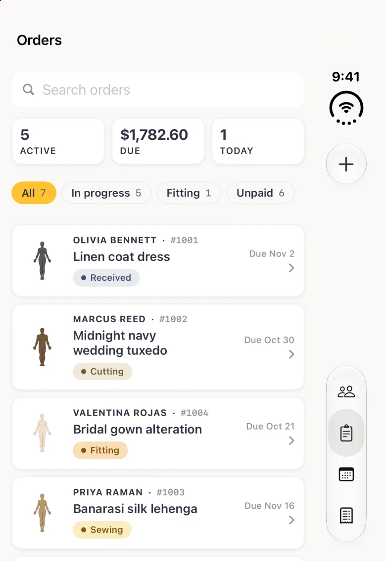 Orders screen on the closed iPhone Duo titled Orders, with a round plus button in the vertical bar strip on the right edge and the four tab buttons lower down the strip (Orders selected), a search field, cards reading 5 Active, $1,782.60 Due and 1 Today, filter chips All 7, In progress 5, Fitting 1 and Unpaid 6, and a list of orders each showing a small body figure, the client name, order number, garment, stage and due date: Olivia Bennett #1001 Linen coat dress at Received, Marcus Reed #1002 Midnight navy wedding tuxedo at Cutting, Valentina Rojas #1004 Bridal gown alteration at Fitting and Priya Raman #1003 Banarasi silk lehenga at Sewing.