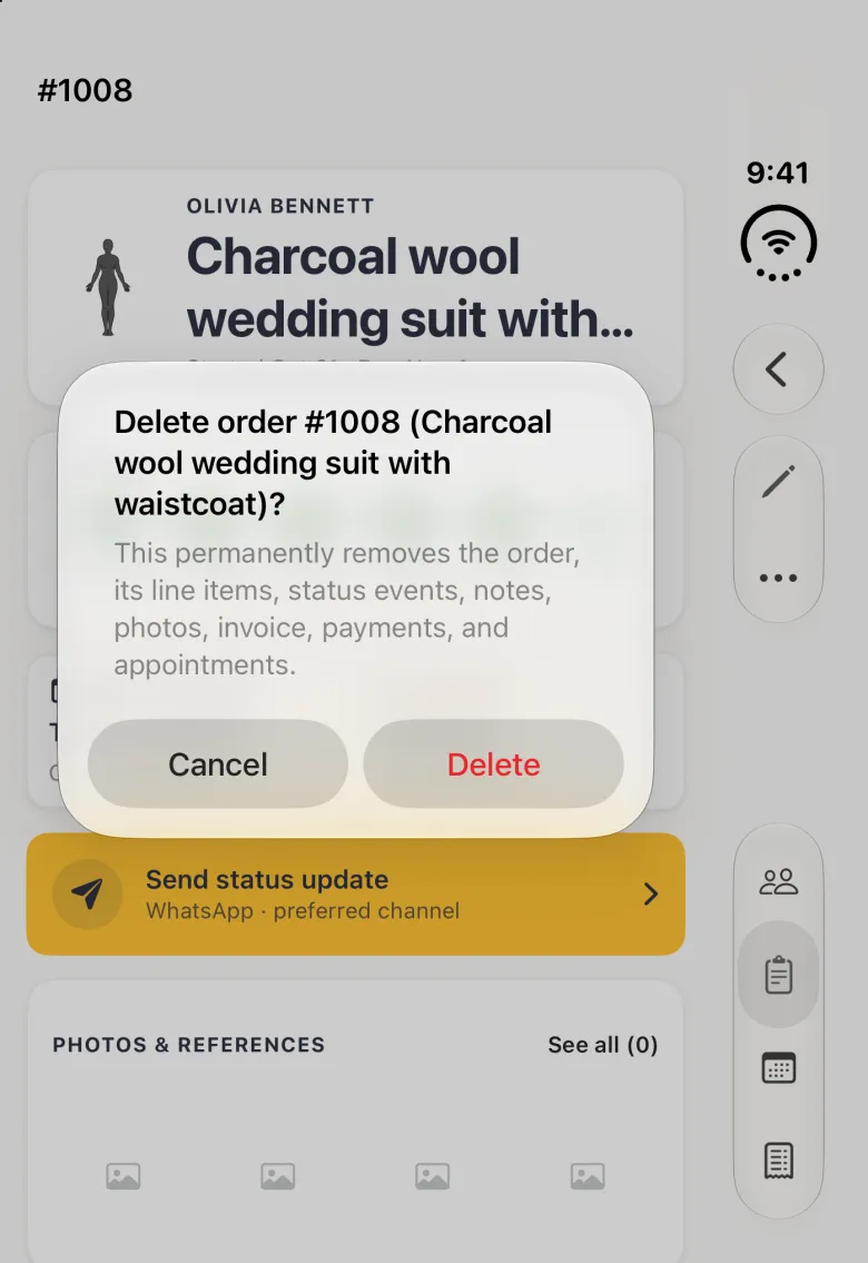 Alert over the dimmed #1008 order detail on the closed iPhone Duo titled Delete order #1008 (Charcoal wool wedding suit with waistcoat)?, explaining that this permanently removes the order, its line items, status events, notes, photos, invoice, payments and appointments, with Cancel and a red Delete button; the back, pencil and three-dot buttons stay in the vertical bar strip on the right edge.