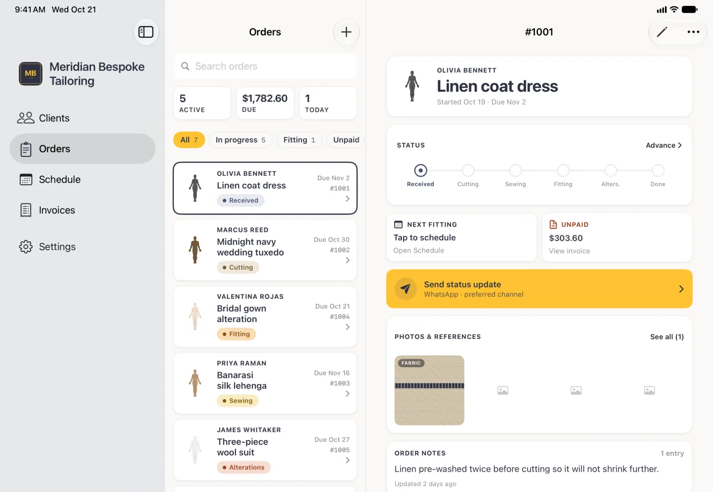 Orders pane beside a sidebar listing Clients, Orders, Schedule, Invoices and Settings, with a search field, cards reading 5 Active, $1,782.60 Due and 1 Today, four filter chips, and seven order cards laid out in two columns.