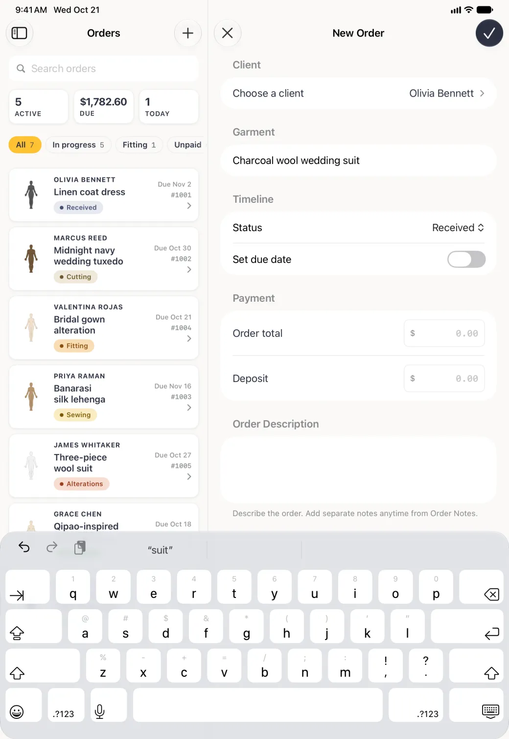 New Order form in the pane beside the Orders list, with Olivia Bennett on the Choose a client row, Charcoal wool wedding suit typed in the Garment field, the Status row reading Received, the Set due date switch off, Order total and Deposit fields at 0.00, an empty Order Description box, the round tick button at the top right now solid navy, and the software keyboard open across the foot of the screen.