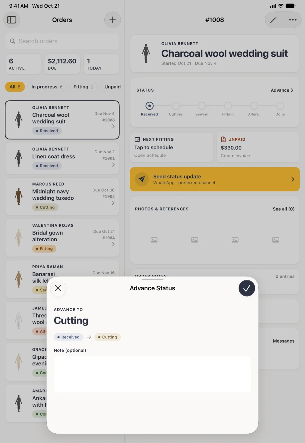 Advance Status sheet rising from the bottom of the screen over the dimmed Orders list and order #1008, with a grab handle, a close button at the top left and a round navy tick button at the top right, headed Advance To Cutting, with a Received chip, an arrow and a Cutting chip, and an empty Note (optional) box.