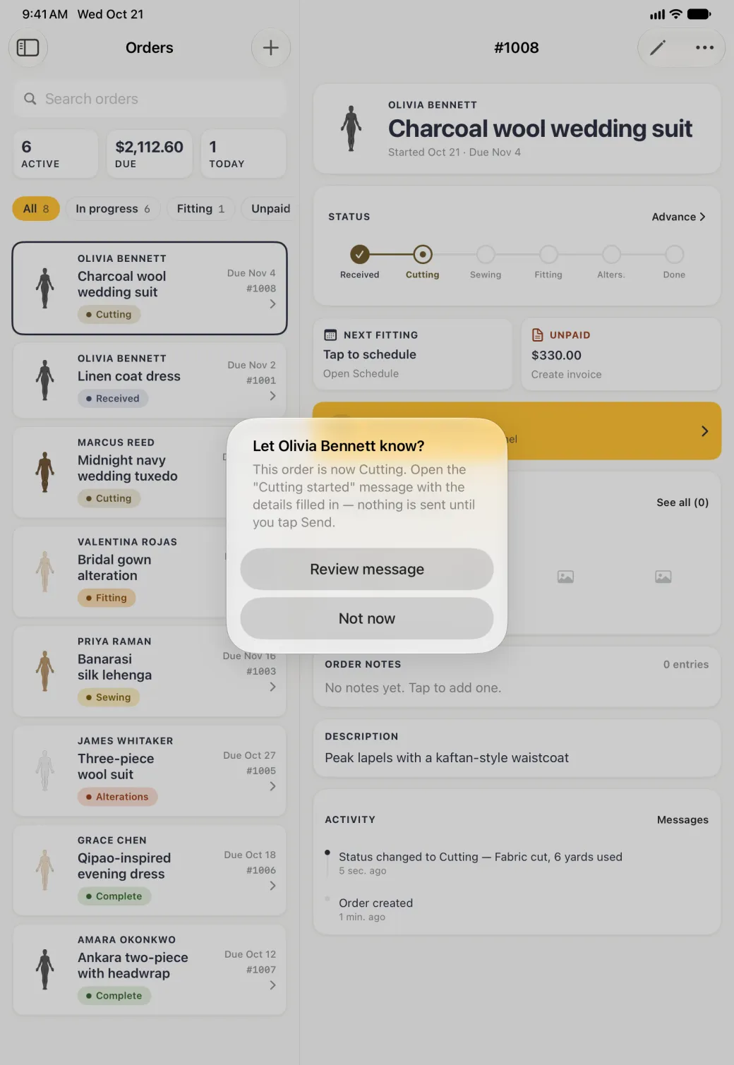 Alert centred over the dimmed Orders list and order #1008, titled Let Olivia Bennett know?, explaining the order is now Cutting and that the Cutting started message can be opened with the details filled in and nothing is sent until you tap Send, with a Review message button above a Not now button; behind it the status bar shows Cutting and the Activity card lists Status changed to Cutting, Fabric cut, 6 yards used.