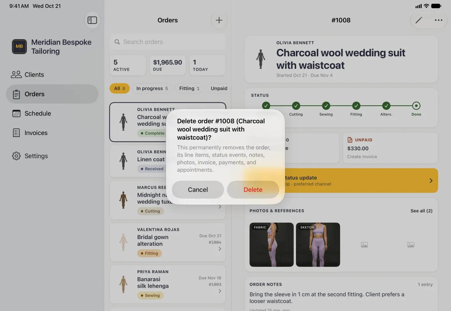 Alert centred over the dimmed sidebar, Orders list and order #1008, titled Delete order #1008 (Charcoal wool wedding suit with waistcoat)?, explaining that this permanently removes the order, its line items, status events, notes, photos, invoice, payments and appointments, with Cancel and a red Delete button.