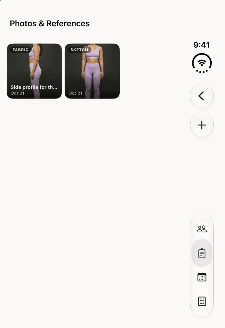 Photos and References screen on the closed iPhone Duo with a back button and a round plus button in the vertical bar strip on the right edge, and a row of two photos, newest first: a side body photo tagged Fabric with the caption Side profile for th... and the date Oct 21, and a front body photo tagged Sketch dated Oct 21.