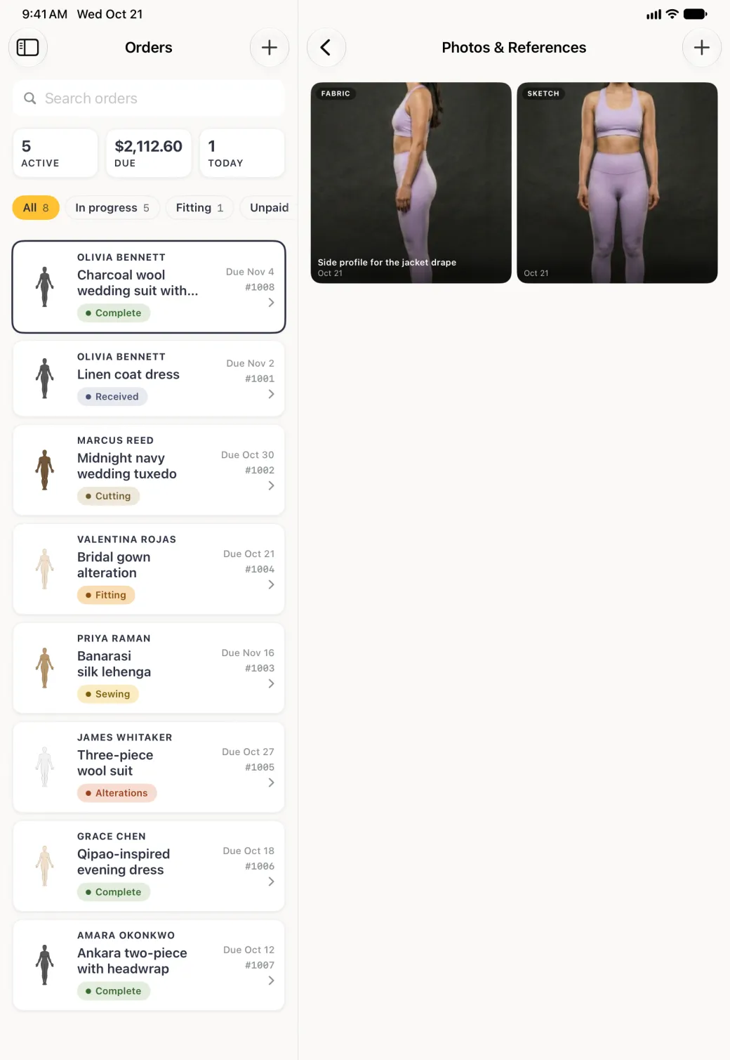 Photos and References pane beside the Orders list, with a back arrow and a round plus button at the top, and a grid of two large photo tiles side by side, newest first: a side body photo tagged Fabric with the caption Side profile for the jacket drape and the date Oct 21, and a front body photo tagged Sketch dated Oct 21.